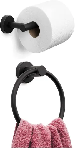 Marmolux Acc Juego de 2 piezas de accesorios de baño negro mate - Toallero de mano para pared de baño + soporte de papel higiénico negro para