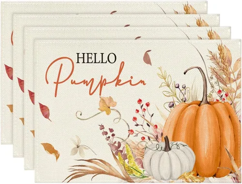 Miniatura 10 de Artoid Mode Juego de 2 manteles individuales de otoño de 12 x 18 pulgadas con diseño de hojas florales de calabaza naranja y calabaza