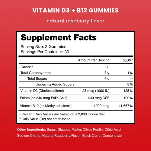 Miniatura 2 de NutraChamps Vitamina D3 y B12, Gomitas de Metil B12 para Adultos y Niños, Enriquecidas con Vitamina D 3 y Folato de Vitamina B9, Energía Natural