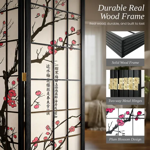Miniatura 4 de Legacy Decor Biombo de 4 paneles para habitación con diseño de ciruelo en flor. Negro