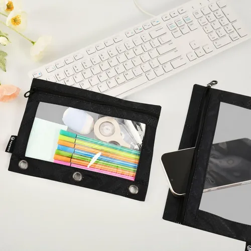 Miniatura 4 de Gredecor Estuche para lápices con 3 anillos con cremallera negra, paquete de 2 unidades, organizador de carpetas transparentes para ventana escolar