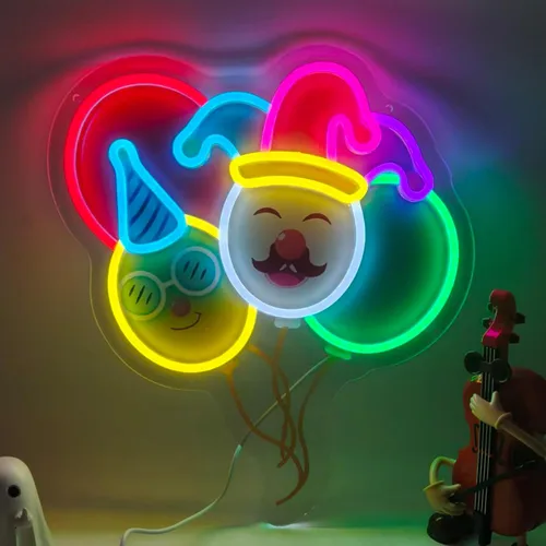 Cartel de neón de globo colorido, globo con luces de neón de payaso para decoraciones de fiesta de cumpleaños, letreros de luz LED alimentados por