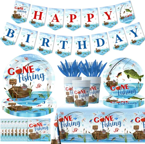 142 piezas de vajilla Gone Fishing, decoración de fiesta de cumpleaños de pesca, pequeño pescador Gone Fishing, mantel desechable temático, platos,