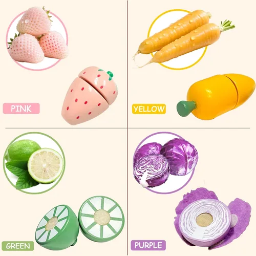 Miniatura 5 de WHOHOLL Juego de 42 piezas de comida de juego para jugar, accesorios de cocina, juguetes de madera para cortar alimentos, frutas y verduras
