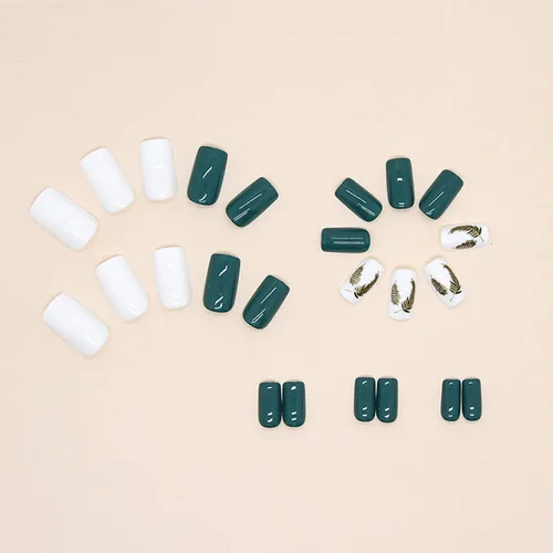 Miniatura 3 de 24 uñas postizas cuadradas medianas a presión, uñas postizas acrílicas artificiales con diseños de plumas doradas, cobertura completa