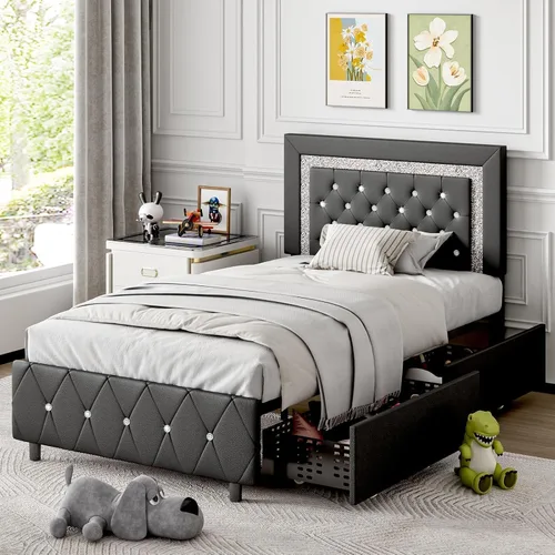 Miniatura 3 de BarnFurin Marcos de Cama Individual con Luces LED y Cajones de Almacenamiento, Marco de Cama Tapizado con Cabecera de Diamante, Cama de Plataforma