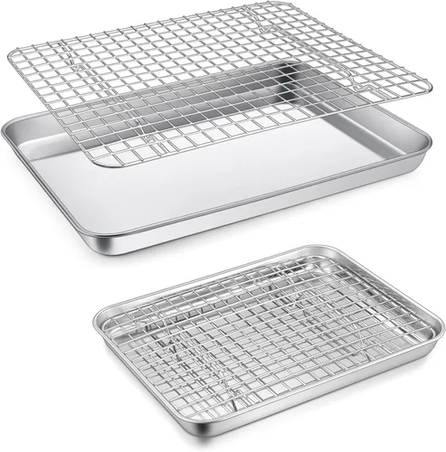 P&P CHEF Molde para horno tostador de 12.5 + 9 pulgadas con juego de estante, bandeja de acero inoxidable para hornear y rejilla de enfriamiento