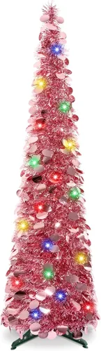Árbol de Navidad Emergente de 5 Pies con Luces, Árbol de Lápiz Plegable Rosa, Árbol de Navidad Delgado Árbol de Navidad Esbelto, Árbol de Oropel