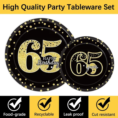 Miniatura 3 de 96 piezas de decoración de cumpleaños número 65 para hombres, platos y servilletas de papel para la mesa de pastel, suministros de mesa