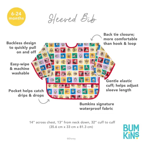 Miniatura 5 de Bumkins Disney - Babero de manga larga para bebé, de tela impermeable de manga larga, con bolsillo para atrapar migas, delantal ajustable