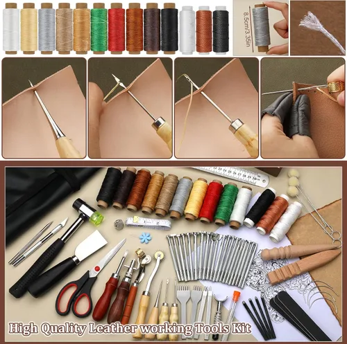 Miniatura 5 de QMNNMA 102PCS Herramientas de trabajo de cuero Kit de artesanía de cuero con bolsa de almacenamiento personalizada, herramientas de estampado