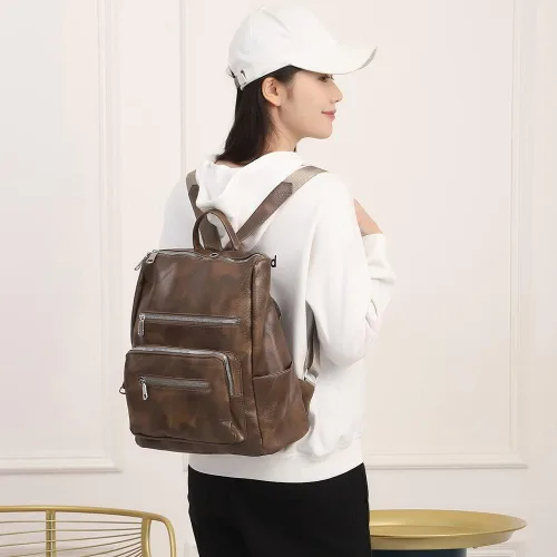 Miniatura 2 de Mochila para mujer, bolso de viaje de moda multiusos de cuero de la PU retro, Mochilas Daypack, M, Marrón