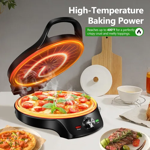 Miniatura 2 de KEINVE Plancha eléctrica de 1500 W, plancha interior 2 en 1 y máquina de pizza con temporizador de 30 minutos y apagado automático, 12 pulgadas 180°