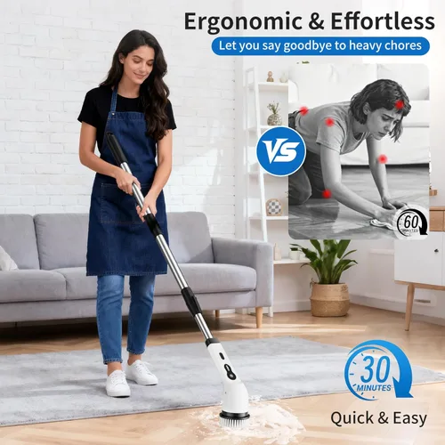 Miniatura 6 de Limpiador eléctrico giratorio, cepillo de limpieza para el hogar con 90 minutos de funcionamiento y 8 cabezales y 2 modos, limpiador eléctrico
