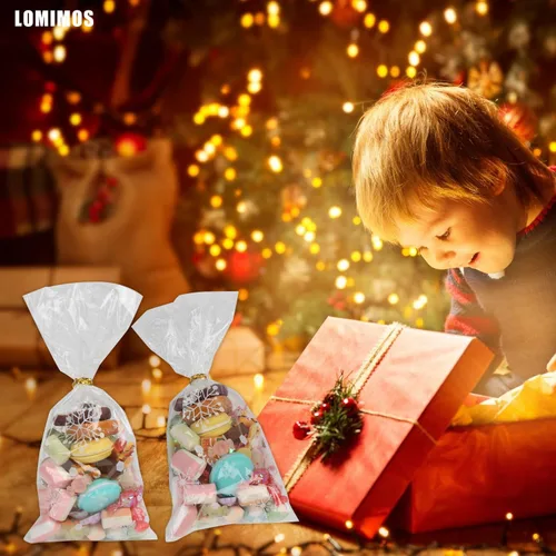 Miniatura 8 de LOMIMOS 120 bolsas de celofán de Navidad, bolsas de plástico transparente para galletas de caramelo con lazos giratorios para vacaciones