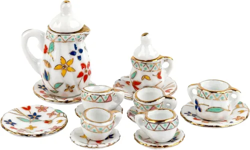 AUEAR, Juego de 15 piezas de té de porcelana en miniatura 1:12 Miniatur Plato Taza Plato Accesorios Clásicos de Cocina (Patrón de Hoja Dorada)