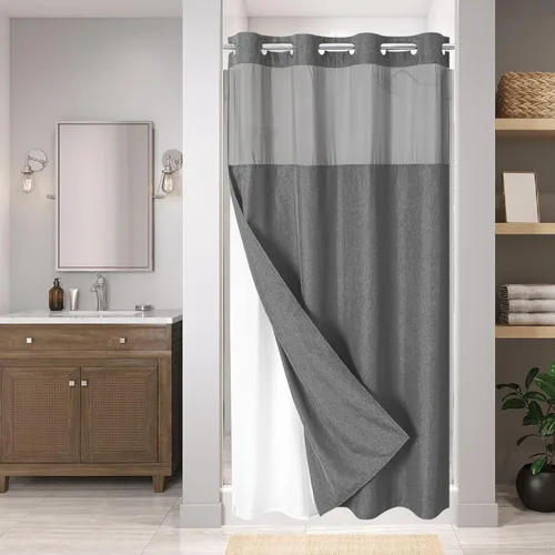 Miniatura 24 de eachope-Cortina de ducha de lino texturizado, forro de tela a presión, no necesita ganchos, ventana superior de malla, cal. hotelera de lujo, Crema
