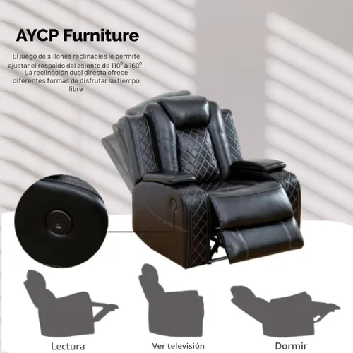 Miniatura 4 de Juego de sillón reclinable eléctrico con luces LED, juego reclinable de cuero Air con puerto USB/cargador inalámbrico/consola de Negro