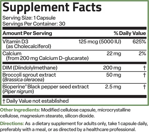 Miniatura 8 de Bronson DIM Balance+ D-glucarato de calcio, brotes de brócoli y vitamina D3 200 mg de DIM por cápsula apoya el metabolismo de estrógeno