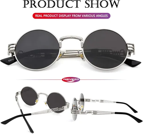 Miniatura 5 de AIEYEZO Gafas de sol redondas steampunk Circle Lennon Hippie marco de metal lente de bloqueo UV 100