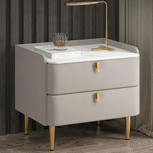 Miniatura 13 de WOLWES Mesita de noche, mesa auxiliar con almacenamiento, mesita de noche de madera maciza con 2 cajones, parte superior de mármol sintético