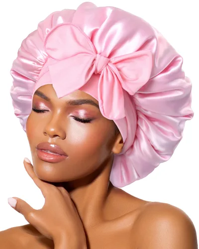 Miniatura 33 de Gorro de satén de seda para dormir con banda ancha para cabello rizado, color rosado oro rosa claro