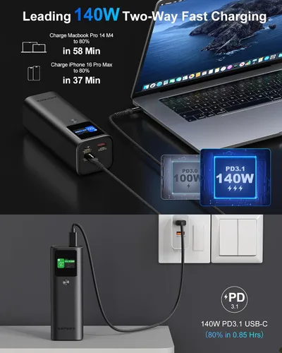 Miniatura 3 de AsperX Banco de energía para portátil, 27,600 mAh, 162.5 W, cuerpo unificado de aluminio PD3.1, cargador portátil de carga rápida, banco de batería