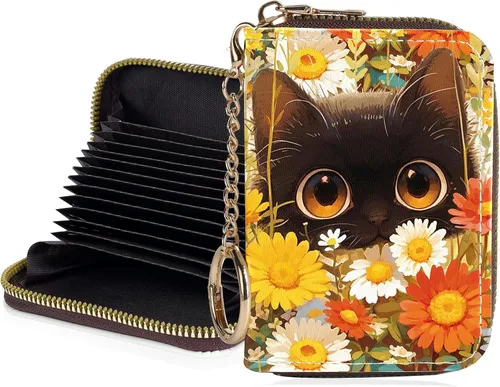 Miniatura 23 de Tarjetero de crédito para mujer, pequeña cartera RFID con cierre de llavero, bonita cartera de piel sintética, Huellas de patas en blanco y negro