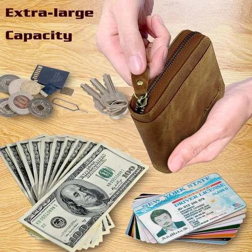 Miniatura 32 de Admetus Billeteras con bloqueo RFID para hombre, billetera de cuero con cremallera para hombres con tarjetero RFID plegable