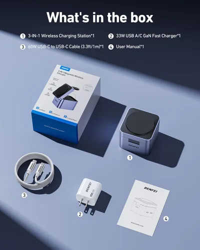 Miniatura 7 de BENFEI Soporte de cargador MagSafe plegable 3 en 1 con cargador rápido GaN de 33 W para iPhone 16/15/14/13/12, Apple Watch y AirPods Diseño