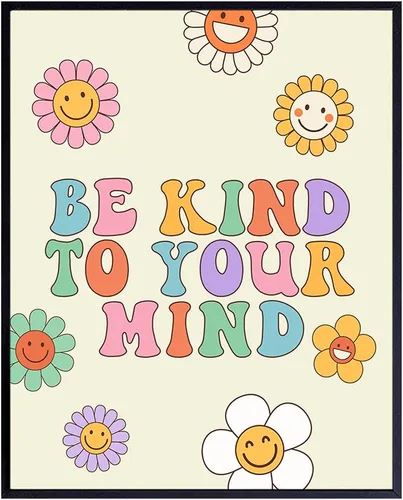 Groovy Flower Power 60s Decor – Decoración retro vintage hippie de los años 70 – Cartel de «Preppy Be Kind» – Decoración de cara sonriente –