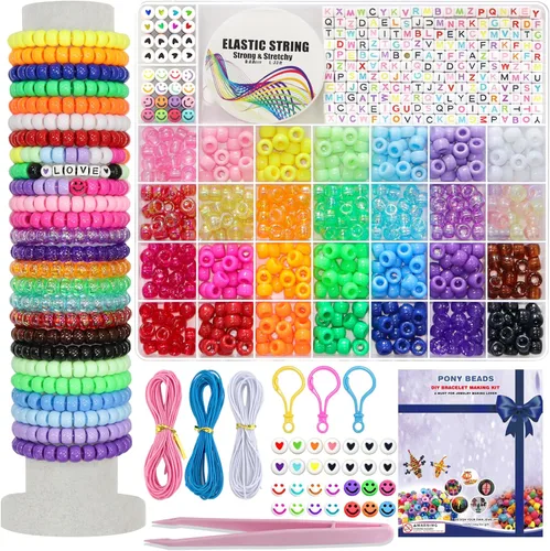 LIS HEGENSA Kits de Abalorios de Manualidades DIY de 28 Colores Regalos para Niñas, 1200 PIEZAS Cuentas Pony Kits para Hacer Pulseras con Cuentas