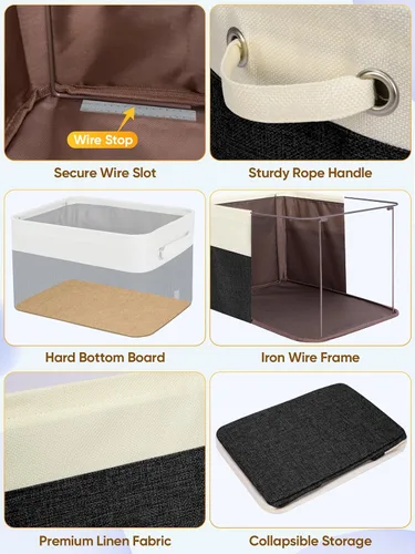 Miniatura 6 de BALEINE 1 paquete de contenedores de almacenamiento de tela para estantes, cestas de almacenamiento de lino para organizar, contenedores decorativos