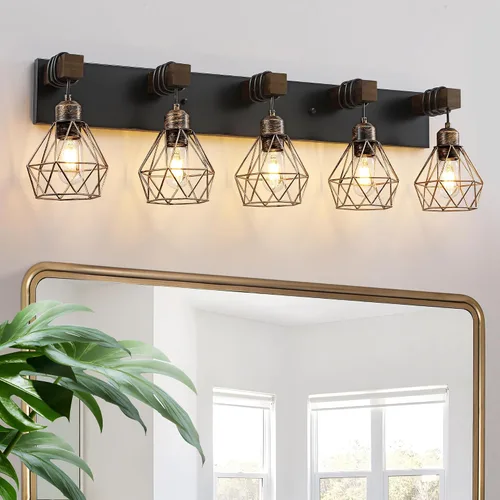 Miniatura 22 de Lámparas blancas para tocador de baño, luminarias de baño de madera de 2 luces sobre el espejo, apliques rústicos de pared con elegante pantalla