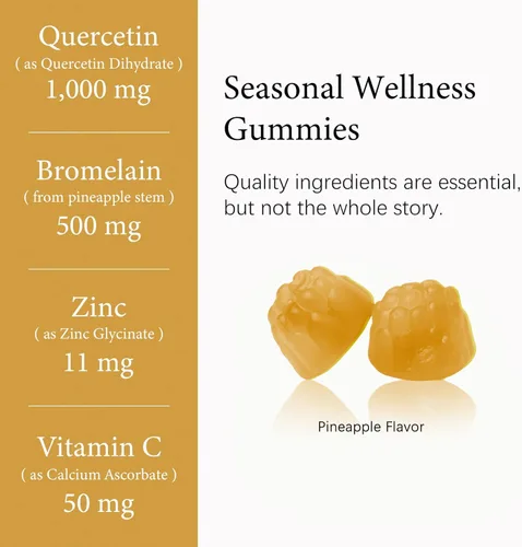 Miniatura 2 de Gomitas de quercetina 8 en 1 con bromelina de 1000 mg, suplemento de quercetina orgánica de alta potencia con zinc y vitamina C, saúco, bienestar