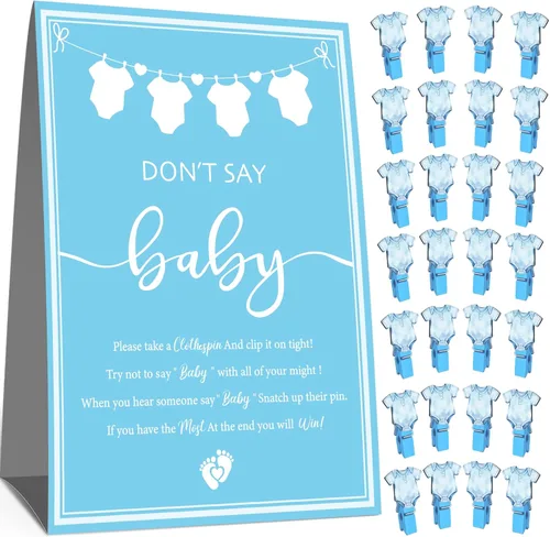 Don't Say Baby Game, juegos de baby shower para niños, 1 letrero azul decorativo y 50 mini pinzas azules para la ropa, ideas de decoración de juegos