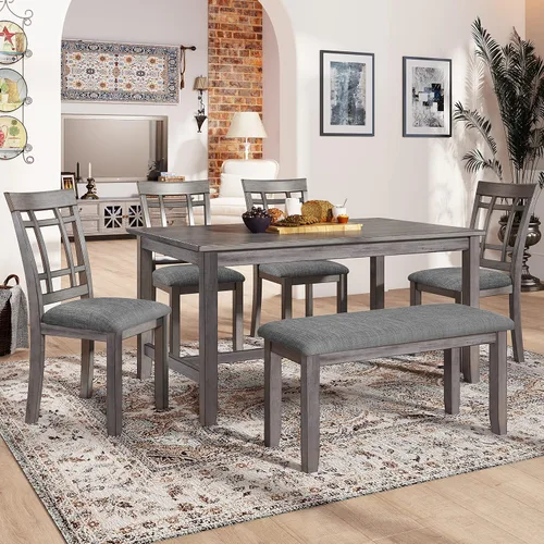 Miniatura 3 de Juego de mesa de comedor de madera de 6 piezas, juego de mesa de cocina con rectangular, juego de mesa de comedor con banco tapizado y 4 sillas