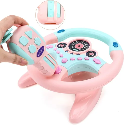 Miniatura 2 de deAO Volante para niños para asiento trasero con llave, juguetes para bebés, pretender conducir, juguete de volante simulado con luz y música, Rosa