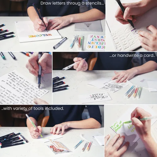 Miniatura 4 de ARTEZA Kit de caligrafía y letras – Juego para principiantes con marcadores de alcohol, bolígrafos de pincel, papel y herramientas para letras a