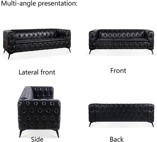 Miniatura 6 de Sofá Chesterfield de 84 pulgadas, piel sintética, cojín extraíble tradicional con brazo cuadrado de 3 plazas, ribete de botón copetudo con patas