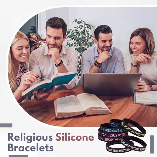 Miniatura 5 de Skylety 60 pulseras de oración con versículo bíblico de Dios, pulsera de goma motivacional de escritura cristiana, pulseras de silicona inspiradoras