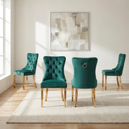 Miniatura 158 de OVENTA Juego de 4 sillas de comedor modernas tapizadas copetudas, terciopelo negro y gris y cuero con patas de madera maciza, sillas de cocina