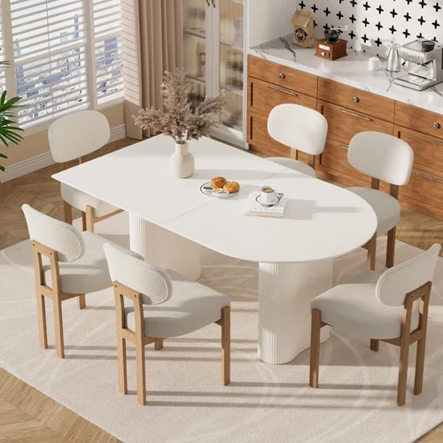 Miniatura 2 de Juego de mesa de comedor moderna para 6, 7 piezas, color crema, mesa de comedor ovalada blanca de 63 pulgadas con 6 sillas beige para apartamento, 1