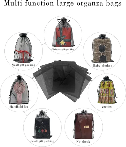 Miniatura 4 de Jexila 50 bolsas de regalo de organza negra transparente de 8 x 12 pulgadas, bolsas de malla grandes con cordón para joyería para bodas, fiestas