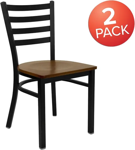 Miniatura 3 de Flash Furniture HERCULES Series - Silla de restaurante de metal con respaldo de escalera negra, 2 unidades, asiento de madera de cerezo