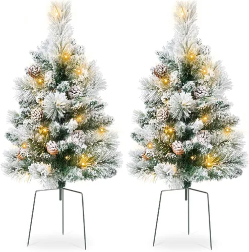 Miniatura 9 de Best Choice Products Juego de 2 árboles de Navidad de 24.5 pulgadas, funciona con pilas, decoración navideña preiluminada con luces LED, bayas