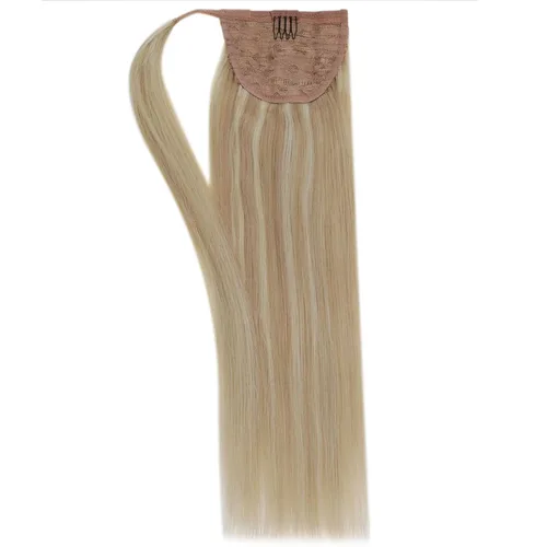 Miniatura 8 de Easyouth Extensión de cabello humano rubio con cola de caballo, extensiones de cabello humano rubio dorado con reflejos rubios, extensiones