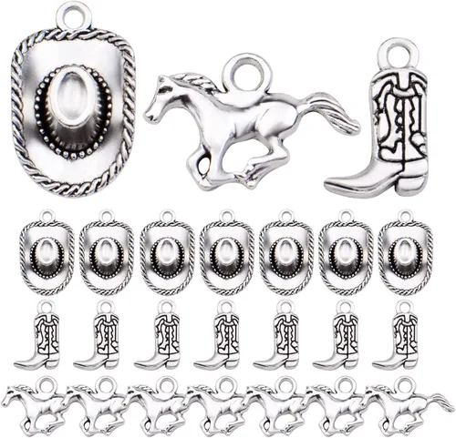 Miniatura 10 de 60 dijes de vaquero chapados en oro con temática occidental de aleación tibetana de vaquero, botas de caballo, colgantes de sombrero de caballo