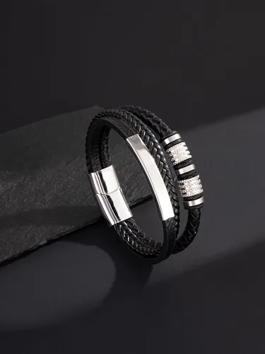 Miniatura 3 de Pulsera de cuero para hombre con hebilla de acero inoxidable 316L Pulsera trenzada multicapa Regalo para hombres NegroChapado en OroBlanco Chapado