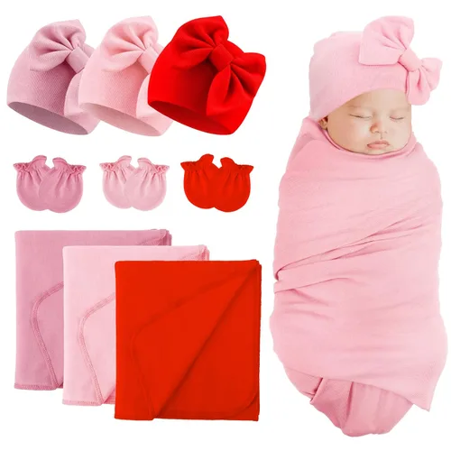 Miniatura 19 de DRESHOW BQUBO Manta para Recién Nacido con Sombrero de Moño y Guantes de Algodón, Manta de Envoltorio para Bebé Cálido, Saco de Dormir para Bebé